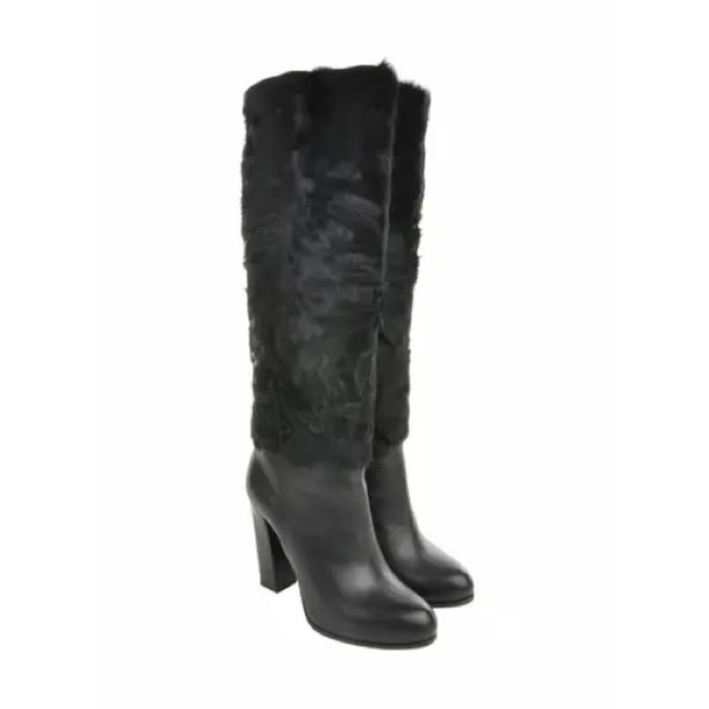 2013 Christian Dior Paris Black Leather & Fur Knee High Boots 37.5 EU